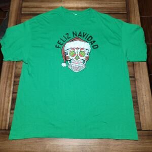 Green Feliz Navidad Sugar Skull Unisex Tee - Size 2XL